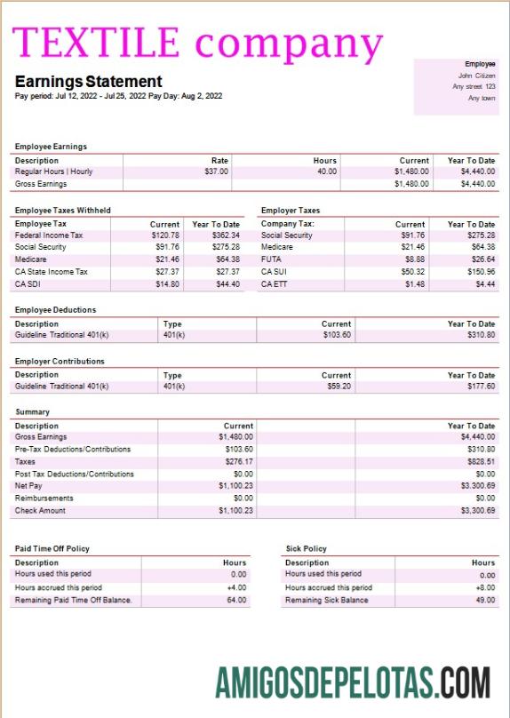 Em branco Modelo de folha de pagamento de empresa têxtil em formatos Word e PDF